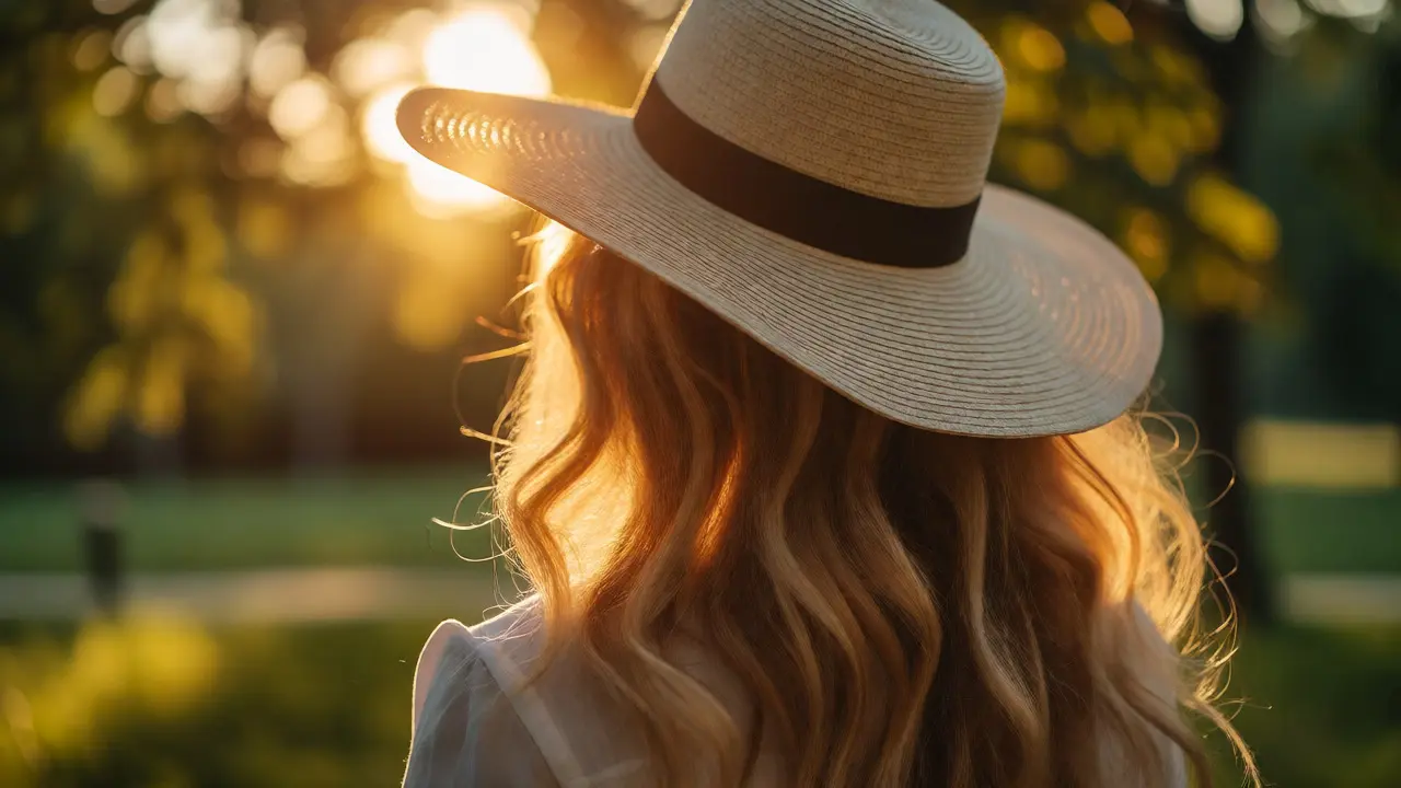 Woman wearing a wide-brimmed hat to protect blonde hair from sun