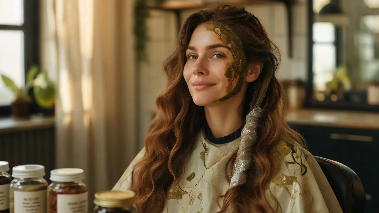 Woman with chestnut hair having herbal dye applied in a bright, serene setting.