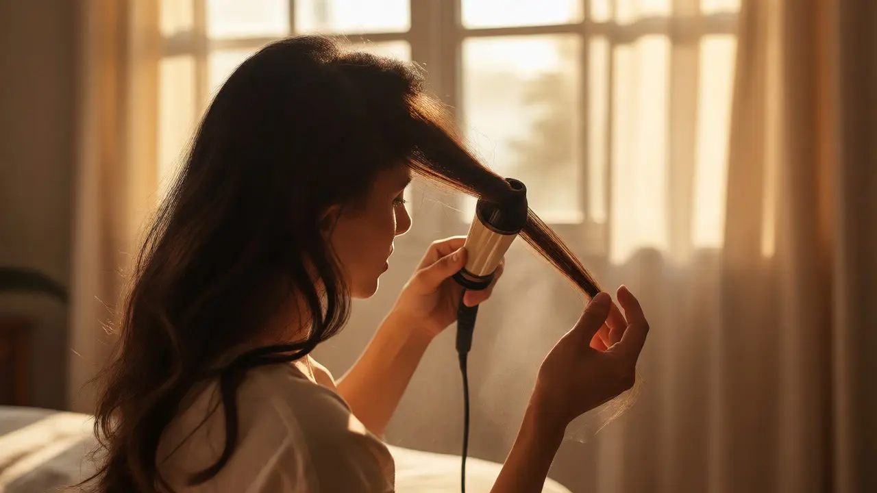 Woman wrapping fine hair around a conical curling wand